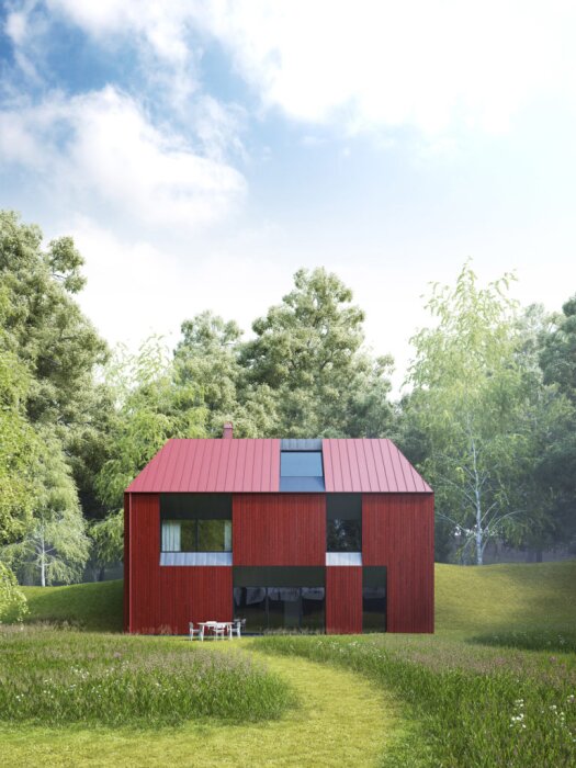 Rött hus med moderna inslag och stort glasparti, omgiven av grönska, liknande Tind-serien.