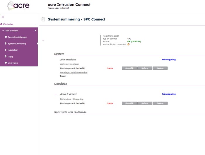 Skärmbild av säkerhetssystemets gränssnitt med larmstatus och batterifel i centralapparaten, från Acre Intrusion Connect.