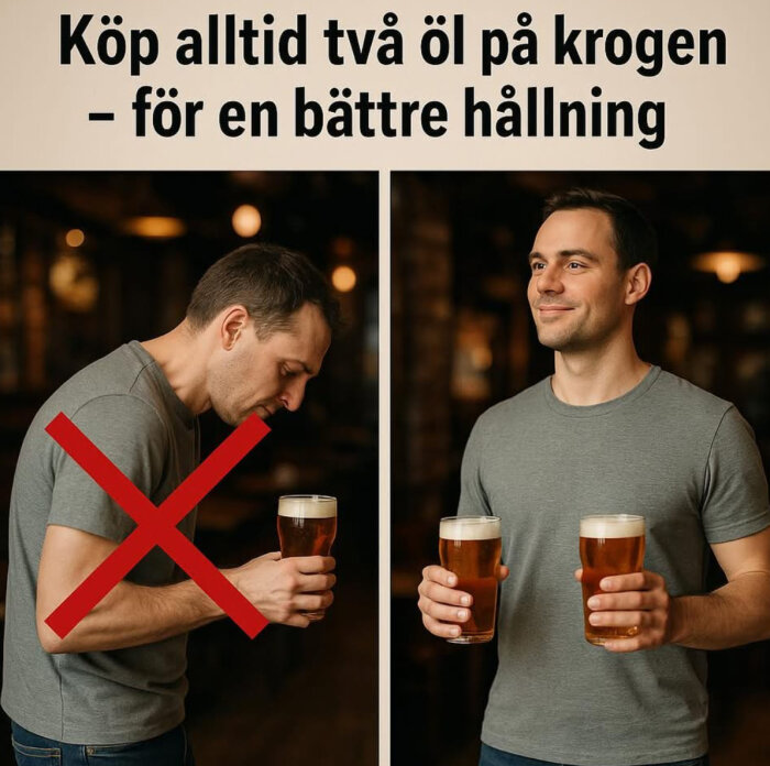 Två män på en pub, en håller två ölglas med bra hållning, den andra med ett glas och lutande hållning, illustrerat med en röd överkorsning.