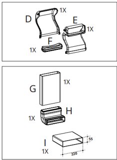 Skiss av ventilationsdelar: reducerare och kopplingar från 220x90 till 220x55 kanal, märkta med bokstäver och storlekar.