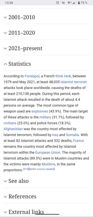 Wikipedia-statistik som visar antal islamistiska terrordåd globalt mellan 1979 och 2021, samt antal dödsfall och användning av sprängämnen (43,9%).