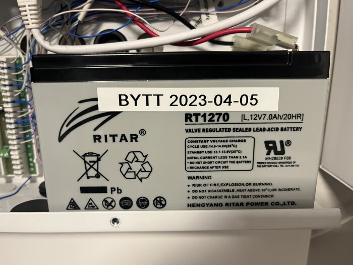 Blybatteri Ritar RT1270 i skåp med etikett "BYTT 2023-04-05", omgiven av kablar. Text om spänning och varningar synlig.