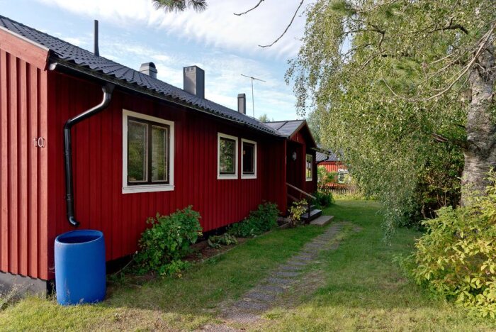 Rött hus med svart tak och vita fönster, står på plan mark med en gångstig och grönska runtom.