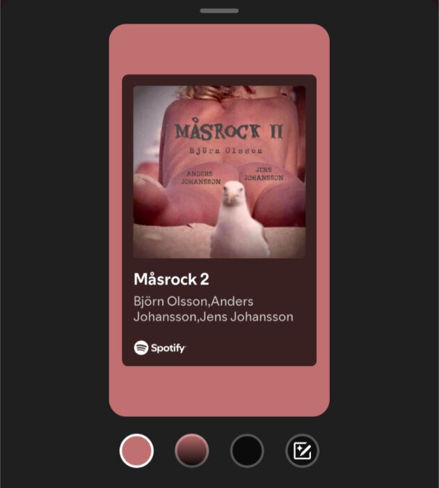 Spotify-album "Måsrock 2" med verk av Björn Olsson, Anders Johansson och Jens Johansson, visar en mås i förgrunden framför en strand.