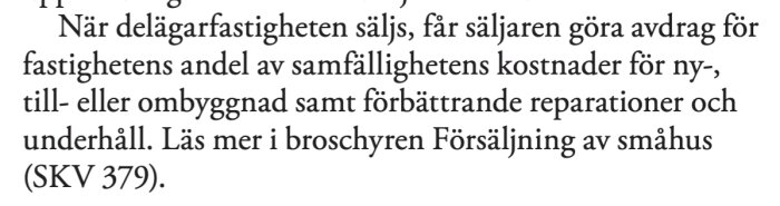 Text om avdrag vid försäljning av delägarfastighet, särskilt kostnader för ny- eller ombyggnad och reparationer. Hänvisning till broschyr SKV 379.