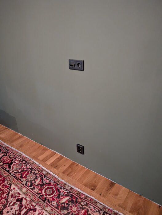 Grön vägg med svart vägguttag och nätverksuttag ovanför en mönstrad matta på trägolv.