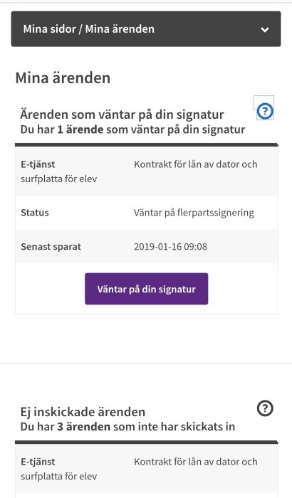 Webbsida som visar status för digitala ärenden, inklusive väntande signatur på kontrakt för utlåning av dator och surfplatta till elev.