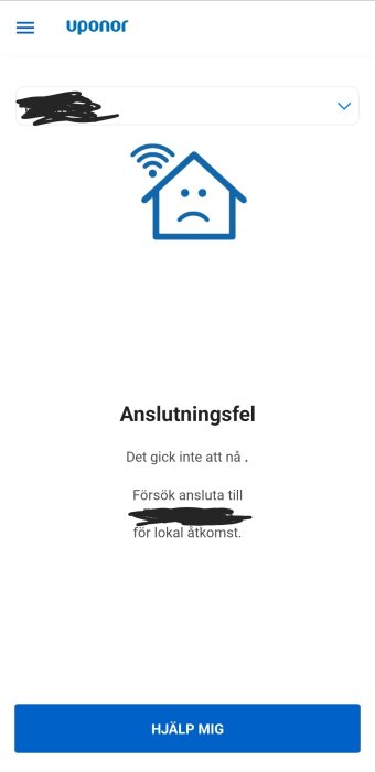 Uponor app visar anslutningsfel med en ikon av ett hus och ett wifi-symbol med ledsen mun.