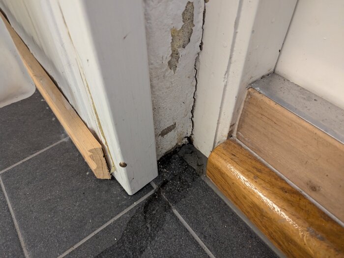Vattenskada vid dörrkarm och tröskel med synligt vattenflöde in i rummet. Skadad murbruk och brun fläck vid vägg där vattnet tränger in.