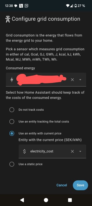 Konfigurera konsumtion i Home Assistant-app med val för att spåra energikostnader i SEK/kWh, inklusive valda alternativ för aktuellt elpris och sparknapp.