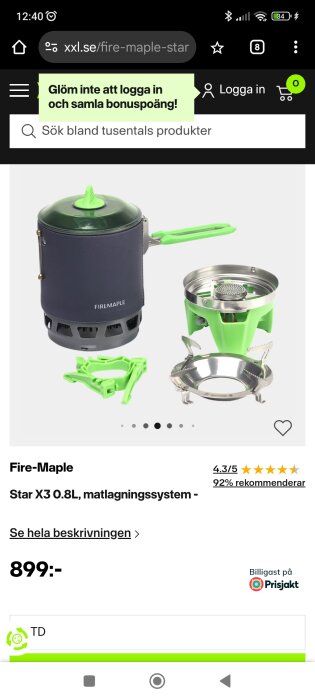 Matlagningssystem Fire-Maple Star X3 0.8L med grön kokkärl och brännare, avsett för att koka vatten och matlagning utomhus.