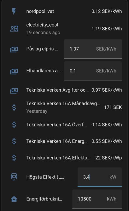 Konfiguration av elpriser och avgifter i app med inställningar som Påslag elpris, Nordpool moms, och högsta effekt på 3,4 kW.