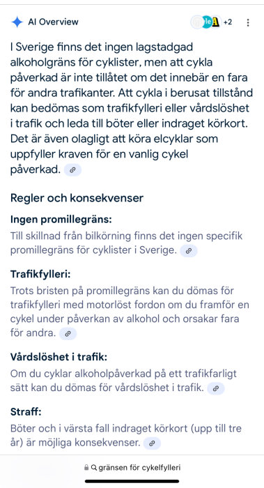 Text om lagar och konsekvenser för cykling under alkoholpåverkan i Sverige, inklusive indraget körkort.