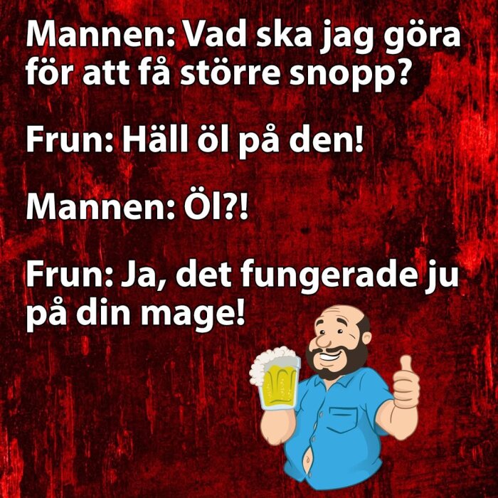 En tecknad man med öl i handen ger tummen upp, medan text på bilden beskriver ett skämt om öl och kroppsstorlek.