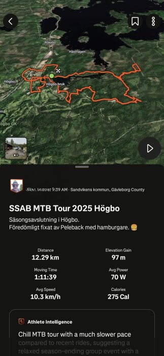 Karta över SSAB MTB Tour 2025 i Högbo med en cykelrutt markerad i rött och detaljer om turen inklusive distans och tid.