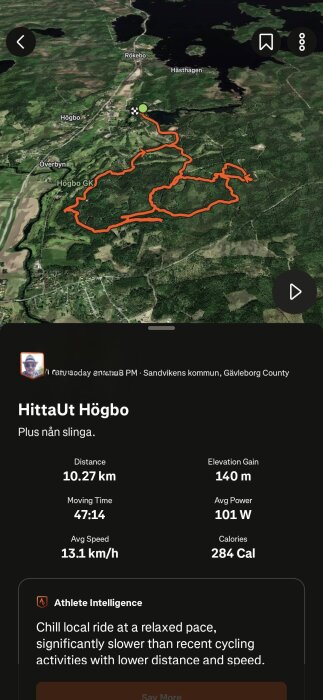 Karta över en cykelrutt i Högbo, Sandvikens kommun, med detaljer om avstånd, tid, hastighet och kaloriförbränning.