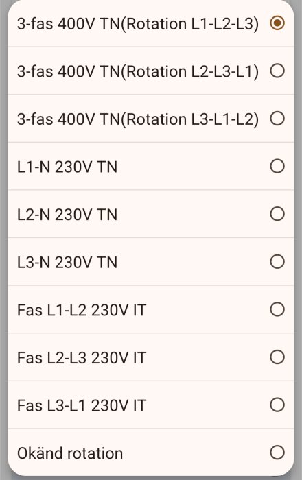 Alternativ för fasrotation på strömmätare, inklusive tre olika 3-fas 400V TN rotationer, L1-N 230V TN, och andra inställningar.