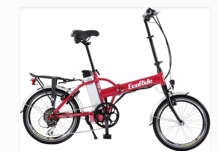 Röd, hopfällbar elcykel märkt "EcoRide" med motorn i baknavet och extra bärutrustning bak.