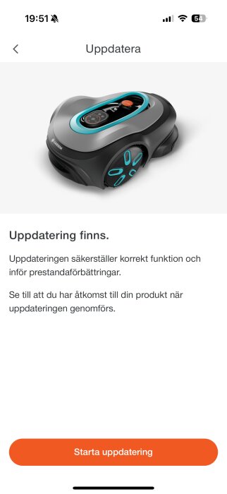 Bild av en robotgräsklippare, appvisning med text om tillgänglig uppdatering och knapp "Starta uppdatering".