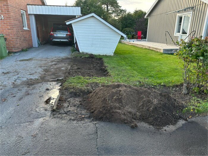 Gräsyta med jordhög framför ett bostadshus; bil står parkerad under carport, och skjul syns bredvid gräsmattan. Grävarbete pågår.