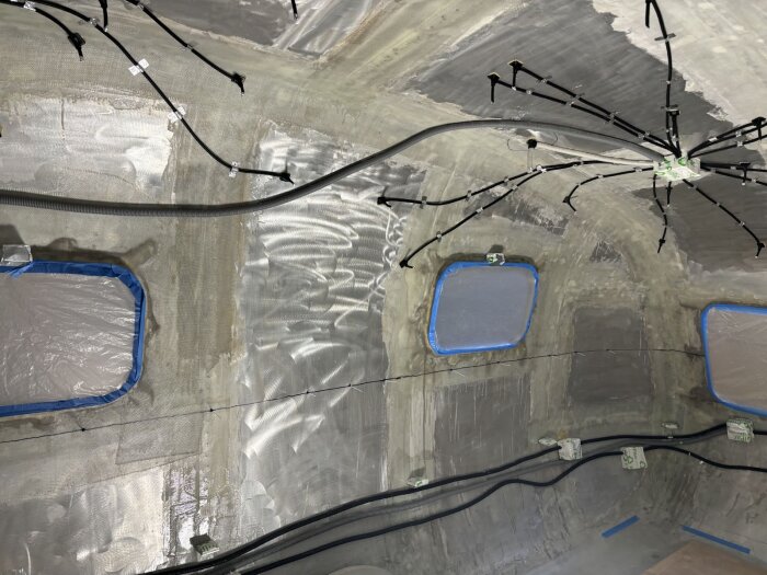 Eldragningsrör och elslangar fästa i taket och längs väggarna i ett fordon, med synliga isolerade fönster.