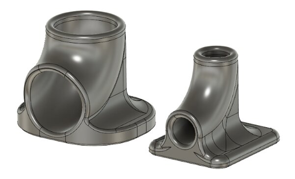 3D-modeller av böjguider för flexslangar, en större och en mindre, används vid eldragning för att underlätta installation av belysning.