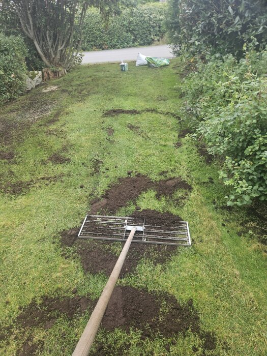 Grön gräsmatta med fläckar av jord, vertikalskuren och stödsådd, verktyg för jordfördelning och trädgård bakom.