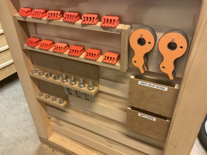 Verktygsförvaring med orange antisnabbfästen, silverfärgade dovtail dogs och trälådor märkta "ANTI-SLIP DOGS" och "MFT CAPS" monterade på väggen.