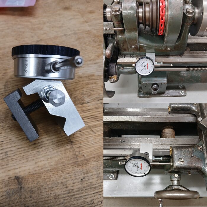 Hemgjord svarvslädesstopp med indikatorklocka och stoppskruv, monterad på en metallbädd för precision.