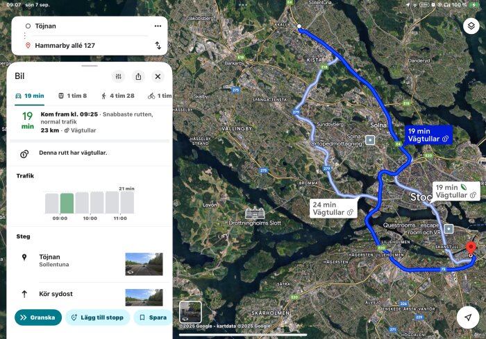 Körväg från Töjnan till Hammarby allé 127 på en kartapp, med vägavstånd 23 km, beräknad körtid 19 minuter, inkluderar vägtullar.