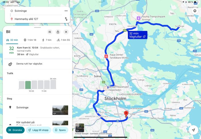 Karta över bilrutt från Svinninge till Hammarby allé 127 via Stockholm, markerad i blått. Resan tar 32 minuter och inkluderar vägtullar.