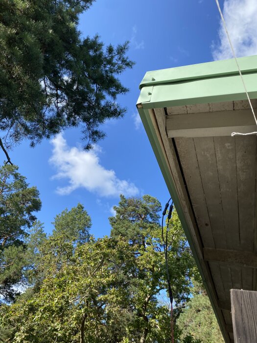 Grönt plåttak med falsning och täckt vindskiva, trädkronor i bakgrunden mot en klarblå himmel.