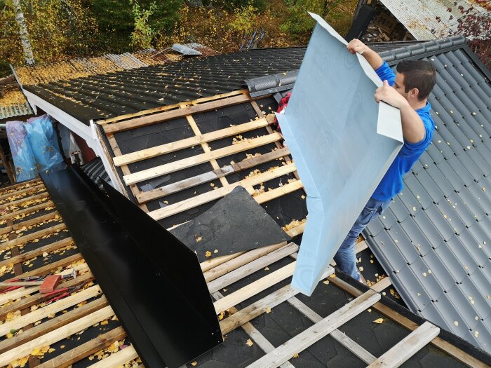 Person installerar plåttakpanel på ett tak med höstlöv överallt.