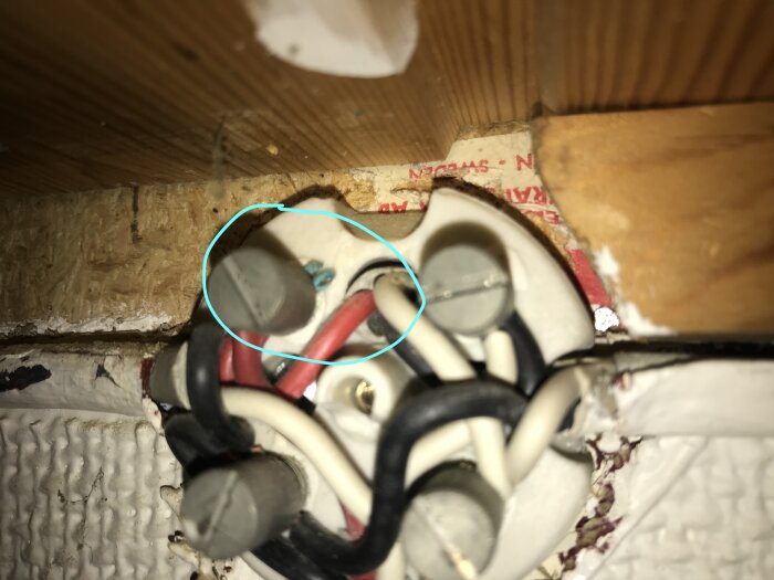 Ärgad elkabel i kopplingsdosa med röda och svarta ledningar, belyst i en hall.