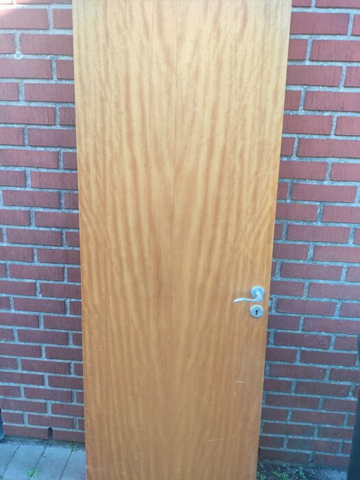 Trädörr med en metallhandtag mot en tegelvägg.