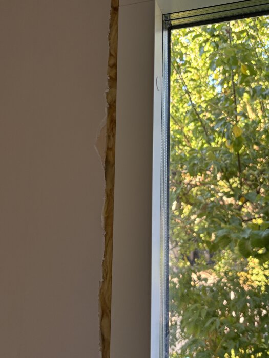 En nyinstallerad fönsterkarm i en 70-talsvilla med synlig glipa mellan gipsvägg och fönster, utomhus syns träd genom fönstret.