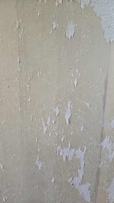 Närbild av en delvis borttagen tapet med möjliga mögelfläckar och ojämn yta på en vägg.
