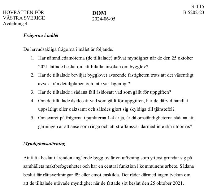 Dom från hovrätten i Västra Sverige rörande byggrättsfrågor och misstankar om tjänstefel vid bygglovsbeslut, daterad 2024-06-05.