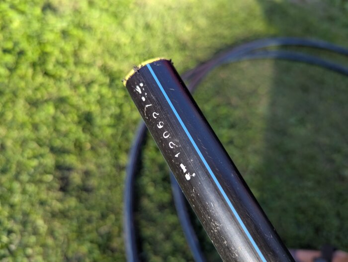 Svart plastvattenslang med blå linje ligger på gräsmatta, diskuteras förlängning ovan mark för vattenutkastare.