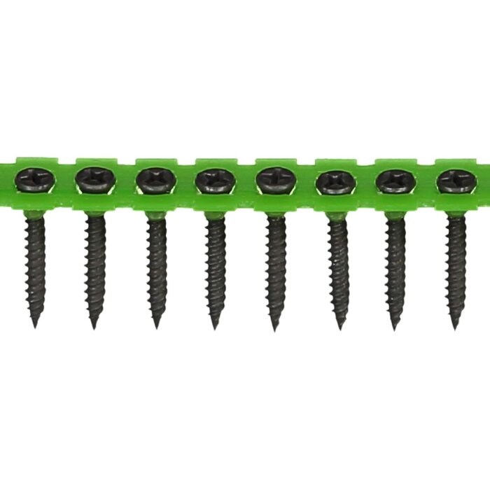 Bandade svarta boardskruvar med grönt band för trä och stålregel, PH2 39x30mm.