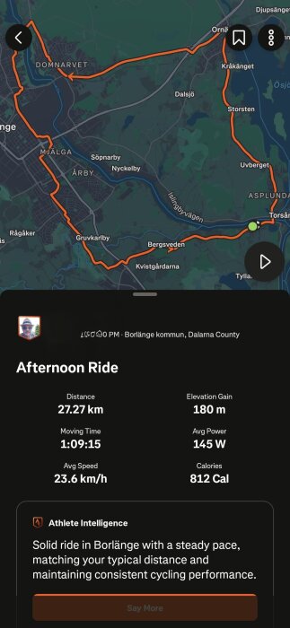 Cykelkarta över en 27,27 km lång tur i Borlänge med detaljer som höjdökning och genomsnittlig hastighet.