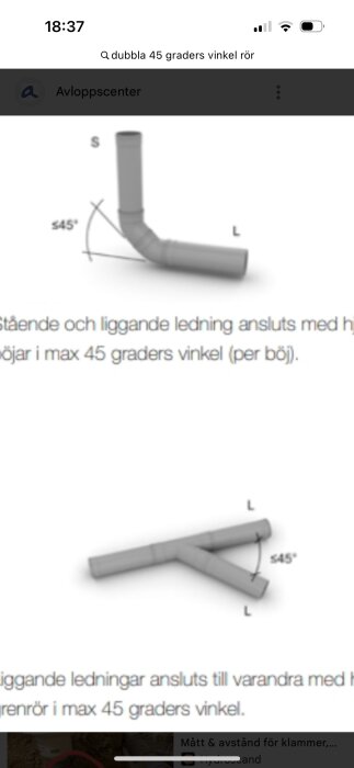 Dubbla 45-graders rörkopplingar för avloppssystem, som visar anslutningar för både stående och liggande ledningar i max 45 graders vinkel.