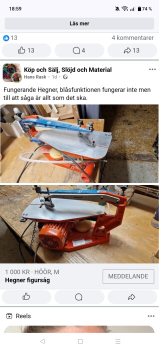 Hegner figursåg i orange och blått på ett arbetsbord, visas från olika vinklar.