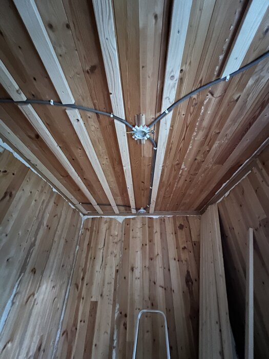 Nymonterat glespaneltak i barnrum, träpaneler med dragna elkablar och en stege i hörnet av rummet.