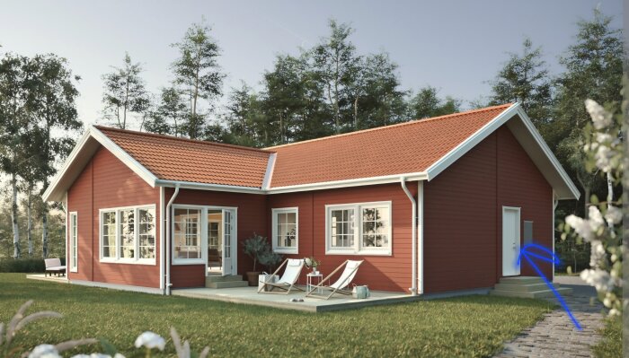 Rött enplanshus med vita knutar och tegeltak, pil pekar mot en dörr. Gräsmatta och omgivande träd syns i bakgrunden.