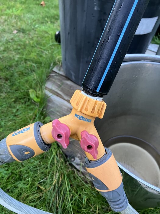Gulkopplad Y-formad slanganslutning med två grenar och rosa kranar, kopplad till en svart och blå randig slang bredvid en metallhink utomhus.