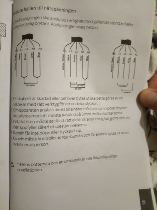 Diagram och text som visar anslutning av kablar till nätspänning i en enpolig brytare, med instruktioner för kabelbyte och säkerhet.