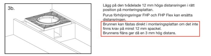 Skiss över monteringsanvisning för en brunn med distansring och montering på monteringsplatta.