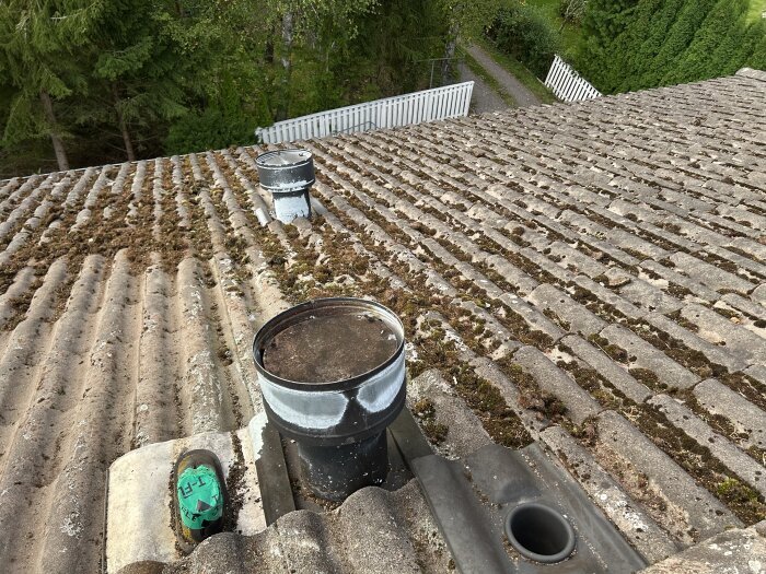 Mossbelagt tak med två ventilationstrummor och grönt tejpad rörmynning, omgiven av träd och vita staket, under rengöring och reparation.