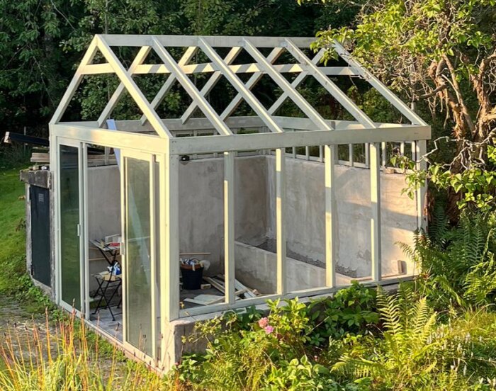 Växthus under konstruktion med synliga träreglar och takstolar, beläget i en grönskande trädgård.
